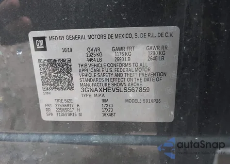 2020 Chevrolet Equinox Fwd Ls из США, поврежденный, VIN 3GNAXHEV5LS567859